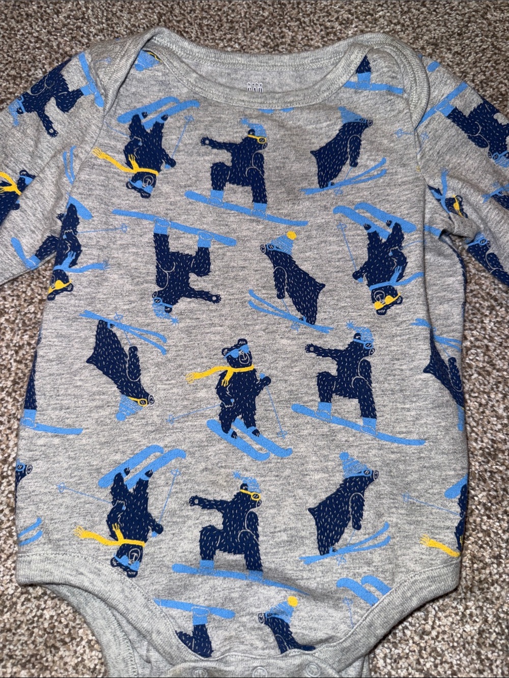 Baby Gap Grey Baby Bodysuit with Blue & Yellow Ski Bear Print